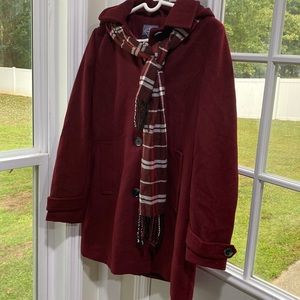 NWT St John Burgandy Rain/Trench Coat Removable Hood, Scarf, Size XL